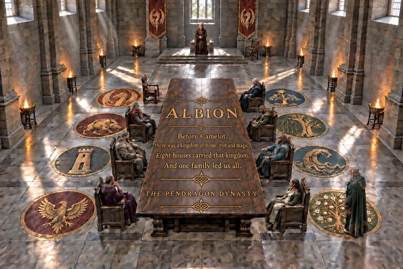 The council of the eight houses in the great hall: the king at the seat, the lords at the table, the crests on the floor. Written on the table: Before Camelot, there was a kingdom of stone, iron and magic. Eight houses carried that kingdom, and one family led us all. ALBION — THE PENDRAGON DYNASTY.